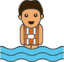 säkerhet jacka bär pojke stående i vatten färgrik ikon. vektor