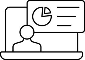 schwarz Linie Kunst Illustration von Mann mit Kuchen Diagramm Graph im Laptop Bildschirm Symbol. vektor