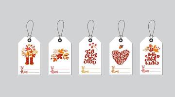 Satz Vektor Herbst Geschenkbox Tags mit Herbst Kalligraphie. Hand gezeichnete Gekritzelvektorillustration für Erntedankdekor. flaches Design