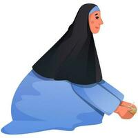 Seite Aussicht von Muslim Frau halten Gericht Schüssel im sitzen Pose. vektor