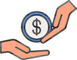 Hand gibt Geld Münze zu andere Person Symbol im Blau und Orange Farbe. vektor
