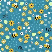 sömlös mönster med tecknad serie bin, löv, blommor. färgrik vektor platt stil för ungar. bebis design för tyg, skriva ut, omslag, textil-