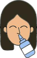 kvinna använder sig av nasal droppar eller spray färgrik ikon i platt stil. vektor