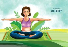 internationell yoga dag med kvinna håller på med yoga utgör vattenfärg design vektor