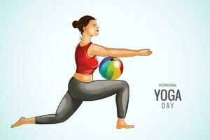 internationella yogadagen den 21 juni på kvinna som gör asanabakgrund vektor