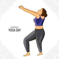 schön jung Frau Körperhaltungen und posiert International Yoga Tag Design vektor