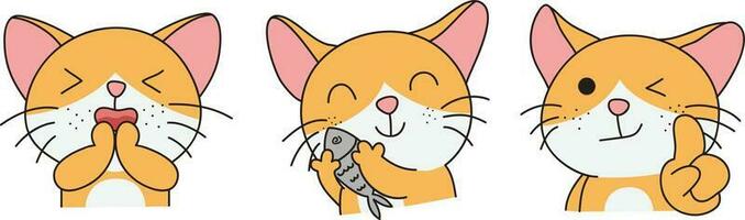 Hand gezeichnet süß Katze Aufkleber isoliert auf Weiß Hintergrund. süß Orange Katze Illustration. süß Katze Kätzchen, Kätzchen, kawaii, Chibi Stil, Emoji, Charakter, Aufkleber, Emoticon, lächeln, Emotion, Maskottchen. vektor