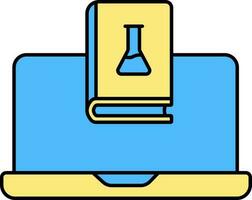 vetenskap bok med bärbar dator för uppkopplad inlärning eller handla ikon i blå och gul Färg. vektor