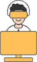 Gelb und Weiß vr Brille tragen jung Junge mit Monitor eben Symbol. vektor