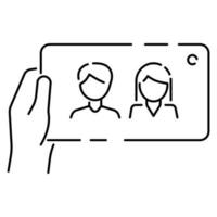 Selfie Vektor Linie Symbol. nehmen ein Selfie Foto. Zelle Telefon Vorderseite Kamera und Selfie Stock. Smartphone Gerät Symbol Illustration.