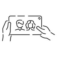 Selfie Vektor Linie Symbol. nehmen ein Selfie Foto. Zelle Telefon Vorderseite Kamera und Selfie Stock. Smartphone Gerät Symbol Illustration.