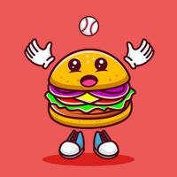 Vektor Illustration von kawaii Burger Karikatur Charakter mit Baseball Schläger und Ball. Vektor eps 10