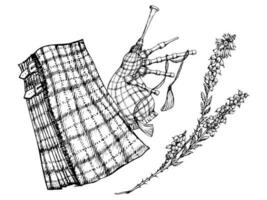 bläck hand dragen vektor skiss. skott traditionell herrkläder, tartan mönster kilt och säckpipor med ljung blomma gren. design för turism, resa, broschyr, bröllop, guide, skriva ut, kort, tatuering.