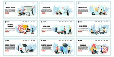 uppsättning av webb sida design mallar för utbildning, team arbete, uppkopplad utbildning, uppkopplad kurser webb sida sammansättning med människor tecken. modern vektor illustration begrepp