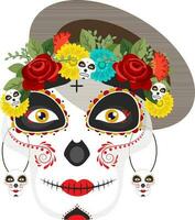 illustration av catrina skalle bär brun hatt dekorerad med blommig. vektor