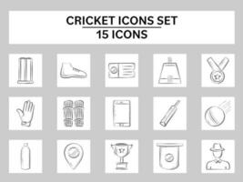 svart skiss stil cricket ikon eller symbol uppsättning på grå fyrkant bakgrund. vektor