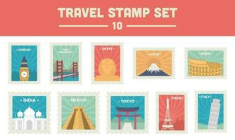Welt Monument zum Reise Briefmarke oder Fahrkarte Sammlung vektor