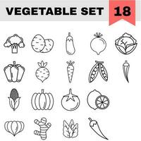 18 vegetabiliska ikoner eller symbol i svart linje konst. vektor