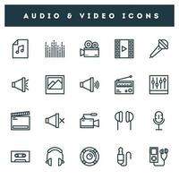 20 Audio- und Video Symbol einstellen im Linie Kunst. vektor