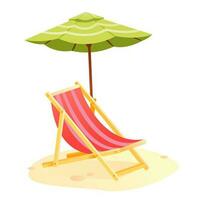 ein Strand Sonnenbank mit ein Regenschirm. Strand Regenschirm, Strand Stuhl. Karikatur Vektor Illustration isoliert auf ein Weiß Hintergrund.