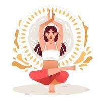 ein Frau meditiert auf einer Bein. mental Yoga. eben Vektor Illustration.