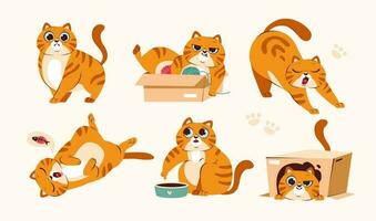 süß Ingwer Katze ist spielen, Schlafen, Essen. ein einstellen von komisch Abbildungen von das Leben von ein Haustier. spielerisch Katze Posen. Karikatur Vektor Illustration.