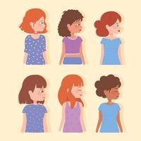 vackra olika kvinnliga profiler tecknade vektor