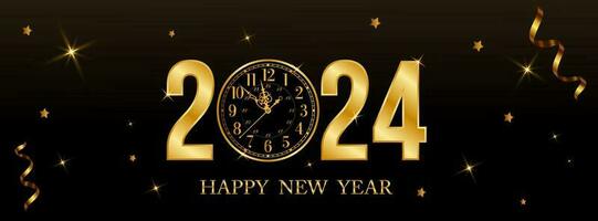 2024 glücklich Neu Jahr mit golden Textur Zahlen, Uhr und Licht. vektor