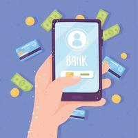 Online-Banking Smartphone App Bildschirm Bankkarte Münzen und Rechnungen vektor