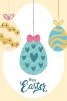lycklig påsk firande bokstäver kort med hängande ägg vektor