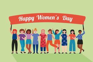 glückliche Frauentag-Beschriftungskarte mit interracial Mädchen, die Banner heben vektor