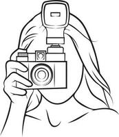 Frau halten Kamera Linie Zeichnung. vektor