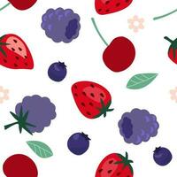 nahtlos Muster mit ein einstellen von Früchte und Beeren. Sommer- Ornament mit Erdbeeren, Kirschen, Blaubeeren, Brombeeren. Vektor Grafik.