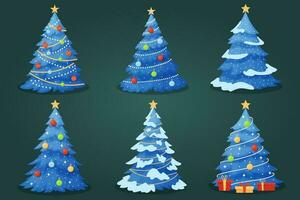 uppsättning av blå jul träd, med snö vektor