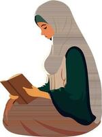 Illustration von jung Muslim Frau lesen Koran Buch im Sitzung Pose. vektor