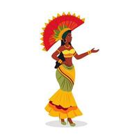 skön ung kvinna bär fjäder huvudbonad i stående utgör. karneval eller samba dansa begrepp. vektor