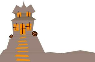 brun besatt hus med pumpor för halloween. vektor