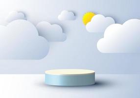 3D realistisk abstrakt minimal scen tom podiumskärm med moln och solpapper klippt stil på blå himmel bakgrund vektor
