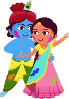 Illustration von wenig Herr krishna Tanzen mit Göttin Radha Charakter auf Festival von hallo. vektor