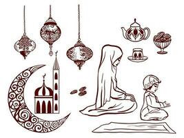 vektor uppsättning med element för ramadan hälsningar. en tekanna, koppar, iftar datum, en halvmåne måne, orientalisk lyktor, en barn och en kvinna läsning Namaz, en moskén. muslim Semester av de månad av ramadan.