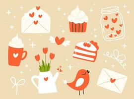 söt hjärtans dag vektor ClipArt - kärlek brev, burk med hjärtan, blommor, cupcake, bit av kaka, fågel, kaffe mugg. hjärtans dag svg