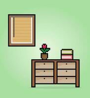 8 bisschen Pixel hölzern Schreibtisch und Fenster im Vektor Illustration zum Spiel Vermögenswerte. isoliert Topf Blume, und Bücher .