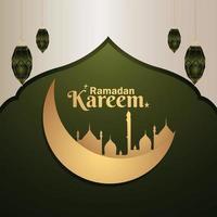 realistische Vektorillustration der Ramadan-Kareem-Feier-Grußkarte mit goldenem Mond und Laterne vektor