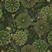 sömlös grön kamouflage mönster med kamomill blomma, grunge måla borsta slag, abstrakt måla stänka ner, fläcka, sexhörning former. Bra för kläder, tyg, textil, sport varor. grunge textur vektor