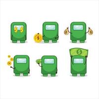 bland oss grön tecknad serie karaktär med söt uttryckssymbol föra pengar vektor