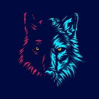 Wolf Logo Linie Pop Kunst Porträt bunt Neon- Design mit dunkel Hintergrund. abstrakt Tier Vektor Illustration.