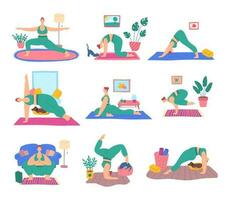 tecknad serie Färg karaktär kvinna och Hem yoga övning sträcka begrepp platt design stil. vektor illustration