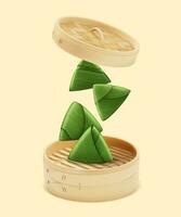 realistisk detaljerad 3d kinesisk ris klimp insvept förbi grön bambu löv. vektor