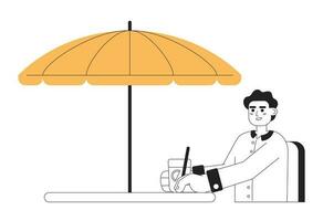 jung Mann mit Limonade trinken Sitzung unter Regenschirm eben Vektor Karikatur Gliederung Charakter. Stelle Illustration. Hälfte Körper Person isoliert auf Weiß. editierbar 2d schwarz und Weiß Zeichnung, Grafik Design