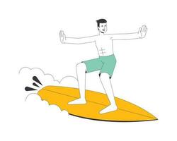 Surfer Mann auf Welle eben Linie Vektor Stelle Illustration. asiatisch männlich mit Surfen Tafel 2d Karikatur Gliederung Charakter auf Weiß zum Netz ui Design. surfen welle editierbar isoliert bunt Held Bild